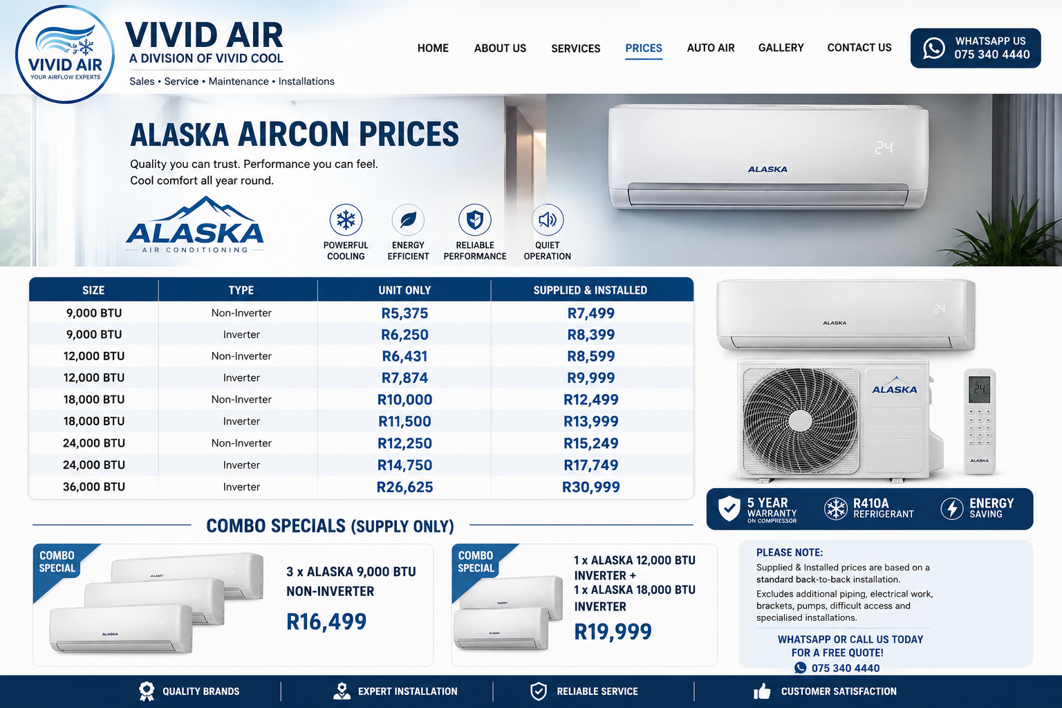 Alaska air conditioner prices and combo specials from Vivid Air